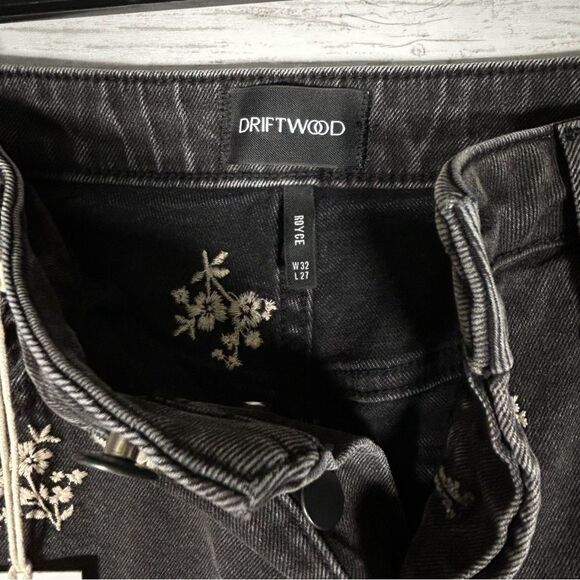 Driftwood Jeans Black Royce Clover Embroidered Button fly Raw Hem 32x26 NWT - Picture 7 of 10
